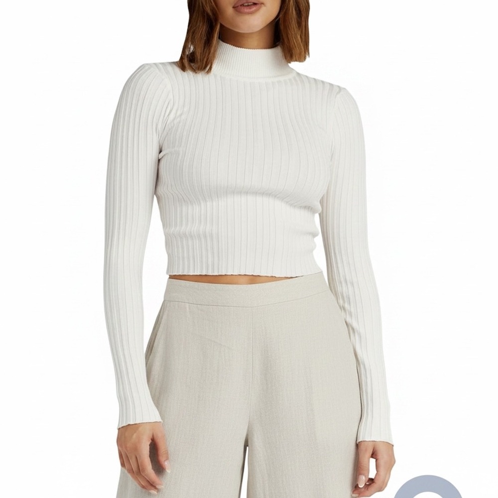 DISSH | Mock Neck Ribbed Long Sleeve Top 10 White Cropped Knit Sweater‎